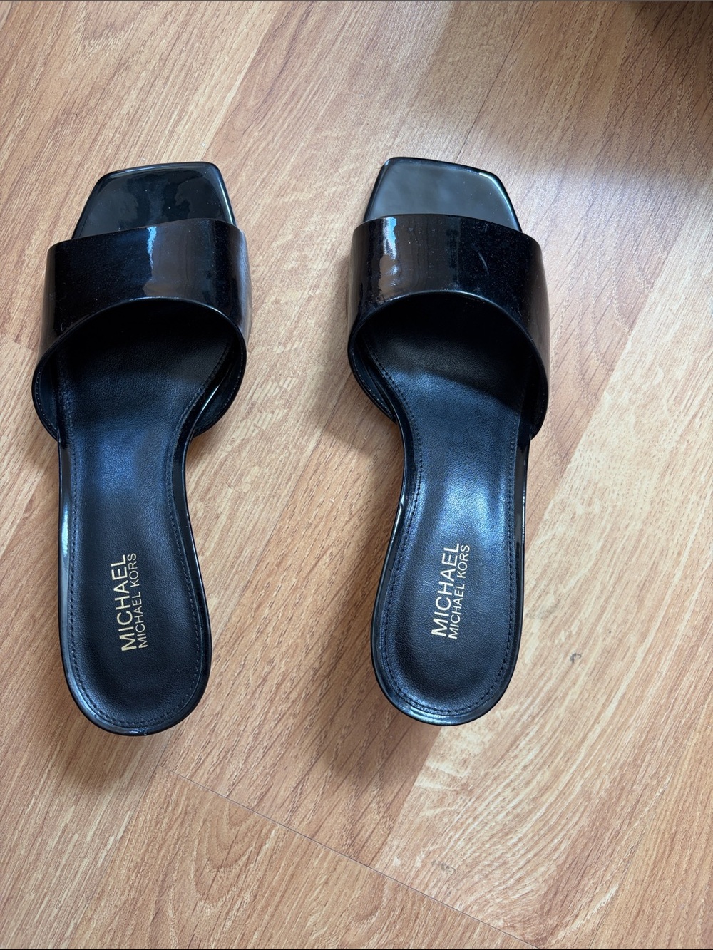 Michael Kors Glossy Black Square-Toe Slide Mules